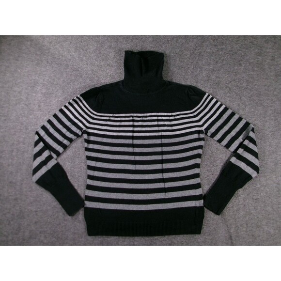 ANA Sweater Women M Petite Black Gray Striped Turtleneck Cashmere Blend Pullover - Picture 1 of 9
